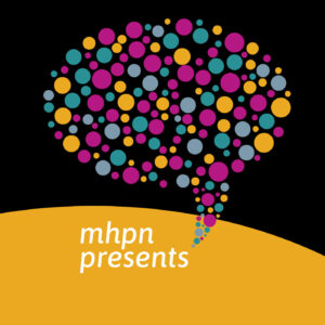 'mhpn presents' underneath multi-coloured speech bubble, vector image