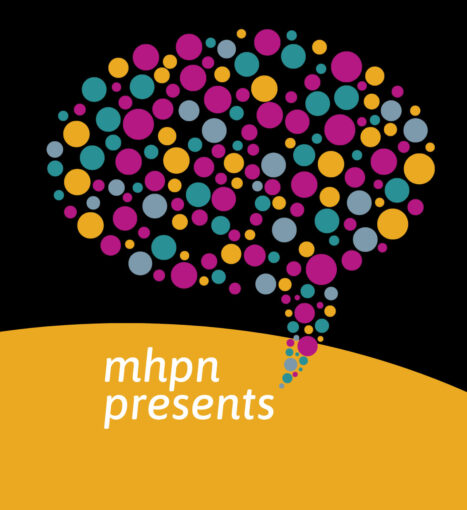 'mhpn presents' underneath multi-coloured speech bubble, vector image