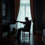 An elderly man sits alone in a chair in a dimly lit room, his silhouette outlined against the backdrop of a window.