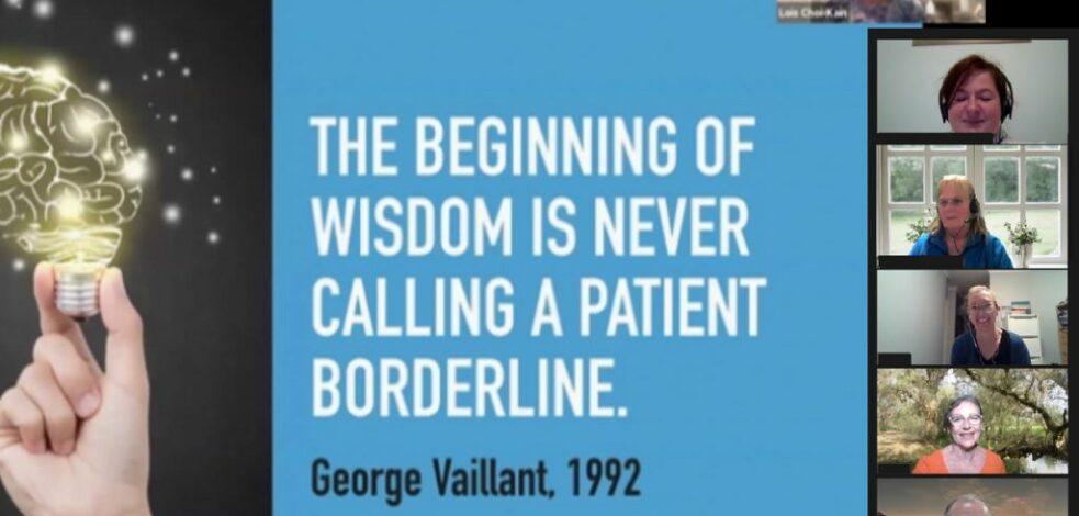 A screenshot of an online Zoom meeting shows the first slide of a presentation and the cameras of online attendees on the side.