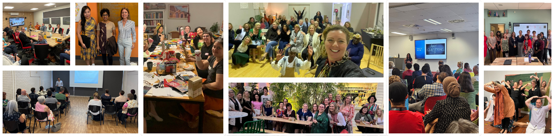 A collage of 9 photos showing practitioners at different MHPN network meetings, sent to MHPN by Coordinators.