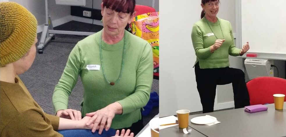 A collage of two photos depicts a woman taking another person's pulse and presenting at the front of a room.